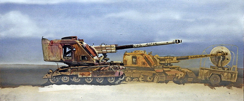 Peinture d'automoteurs 155 AUF1 GCT rouillés abandonnés dans un désert sous ciel nuageux
