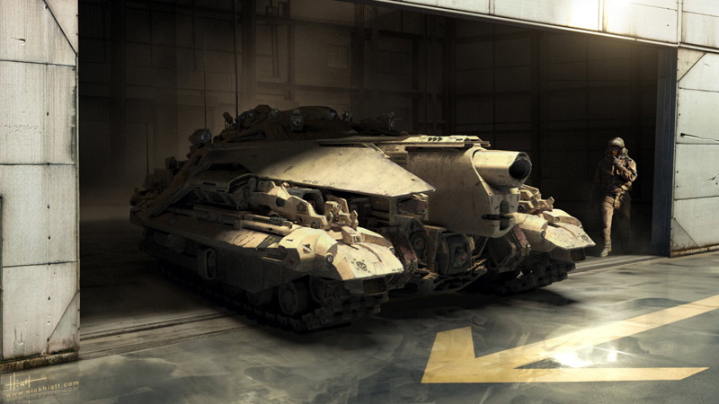 Char d'assaut futuriste à chenilles sortant d'un hangar, soldat marchant à côté