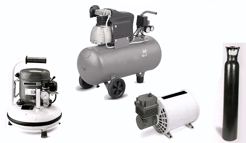 Différents types de compresseurs d'air et bouteille de gaz comprimé pour alimenter un aérographe