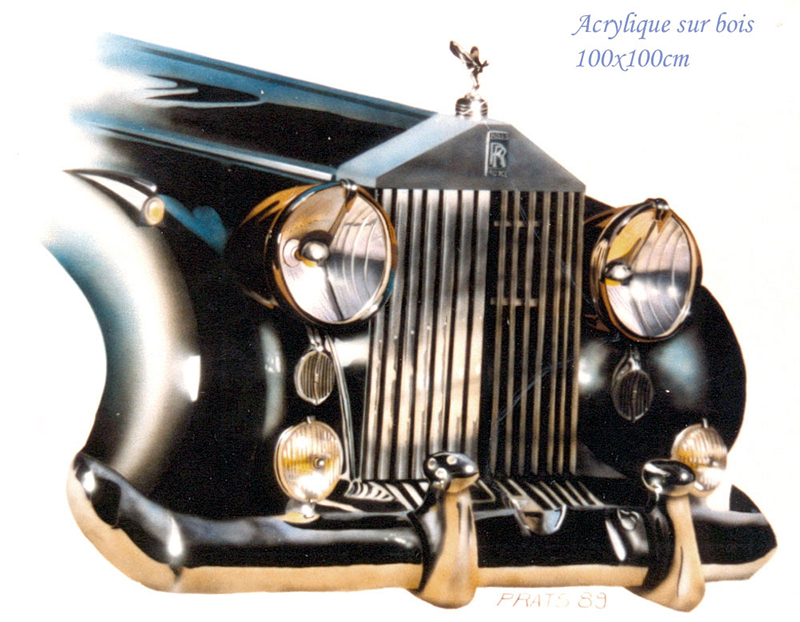 Peinture acrylique à l'aérographe représentant la calandre d'une Rolls-Royce noire vue de face