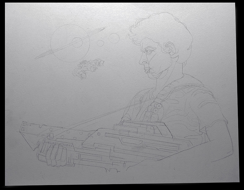 Croquis au crayon de Ripley tenant un fusil, vaisseau Sulaco et planètes en arrière-plan