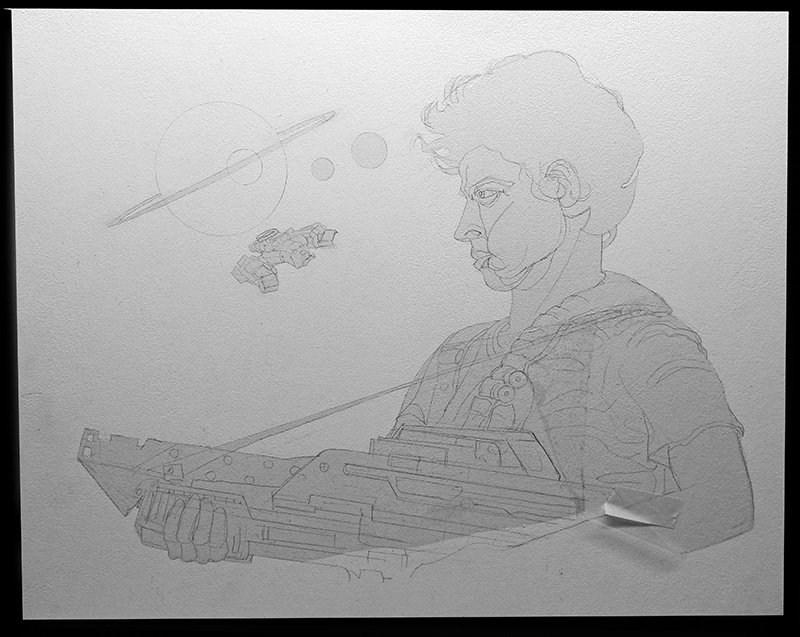 Croquis au crayon de Ripley de profil tenant une arme, vaisseau Sulaco et planètes en arrière-plan
