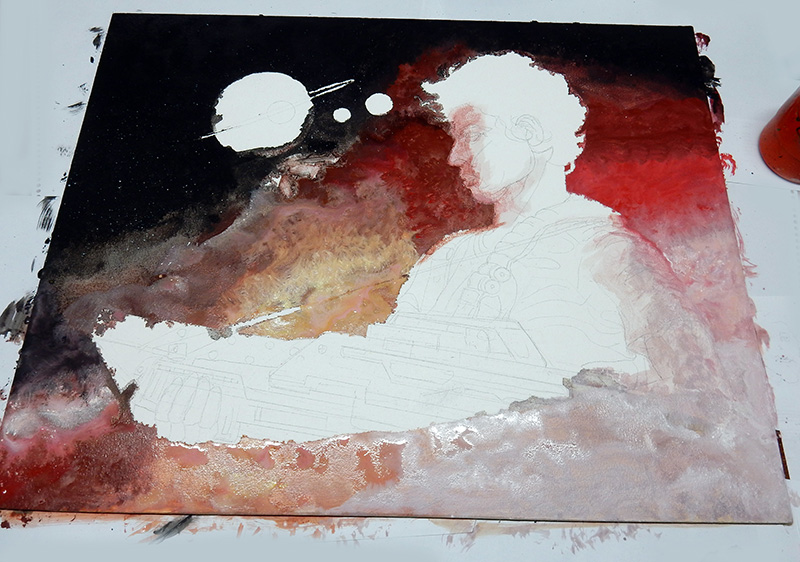 Décor peint à l'aérographe avec ciel rouge et planètes, silhouettes réservées au crayon