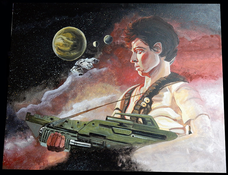 Peinture de Ripley armée d'un fusil devant planètes, vaisseau Sulaco et nébuleuse rouge spatiale