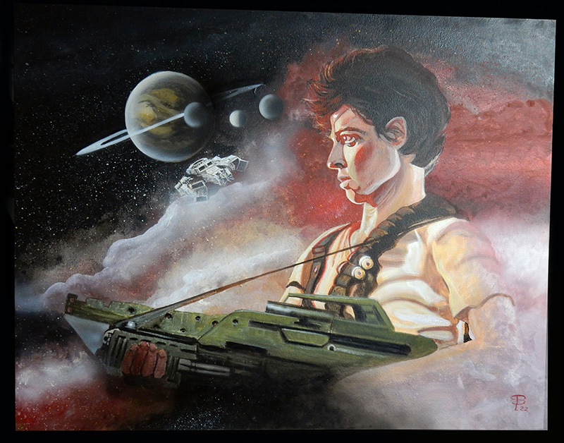 Peinture de Ripley armée d'un fusil devant une planète, un vaisseau et un ciel rougeoyant
