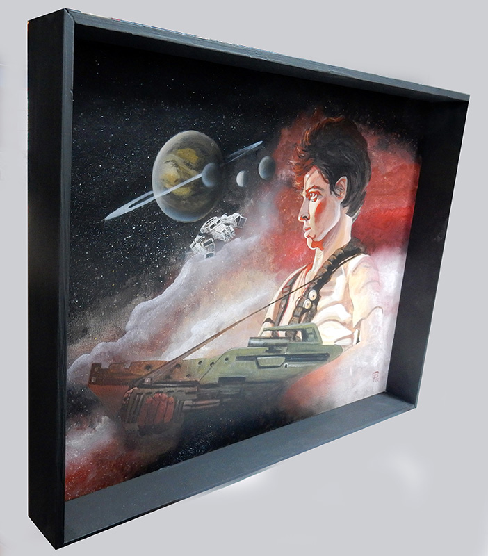 Peinture encadrée de Ripley avec fusil, vaisseau Sulaco et planète sur fond spatial
