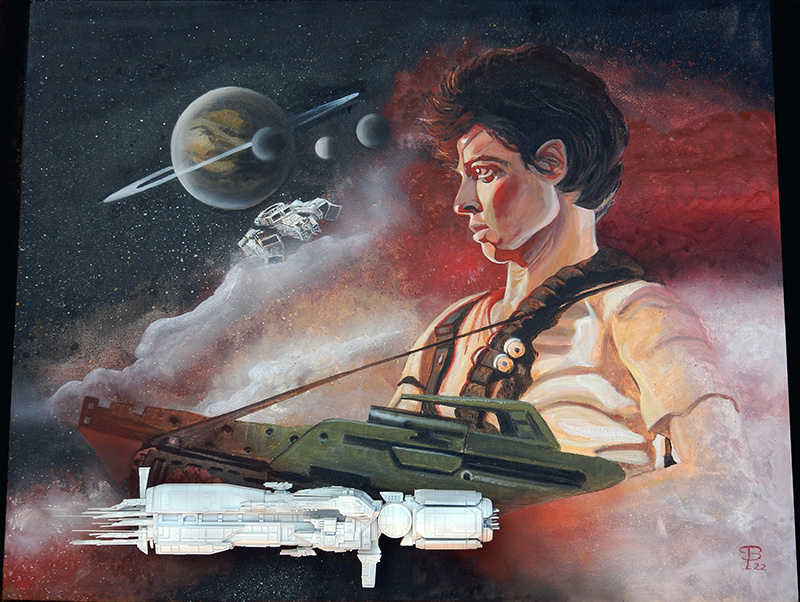 Peinture du film Alien avec Ripley, vaisseaux spatiaux, planète à anneaux et nébuleuse rouge