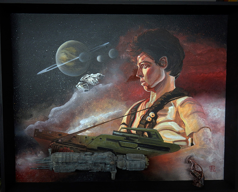 Peinture de Ripley armée, vaisseau Sulaco et planète à anneaux sur fond rouge