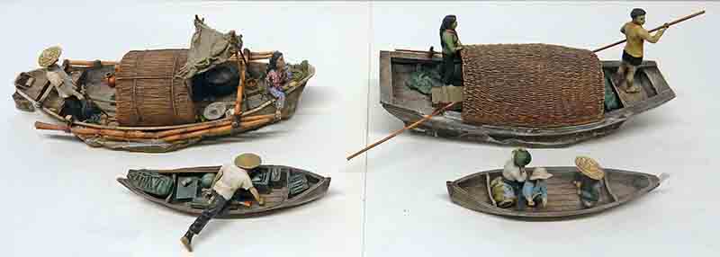 Maquettes de sampans vietnamiens avec figurines de pêcheurs et paniers en osier, vues sous plusieurs angles