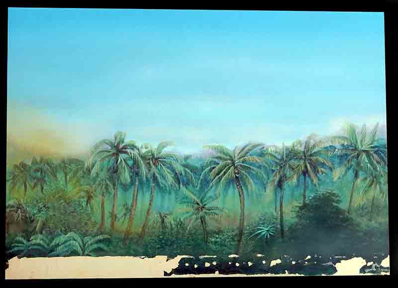 Décor de fond peint d'une jungle tropicale avec palmiers sous un ciel bleu