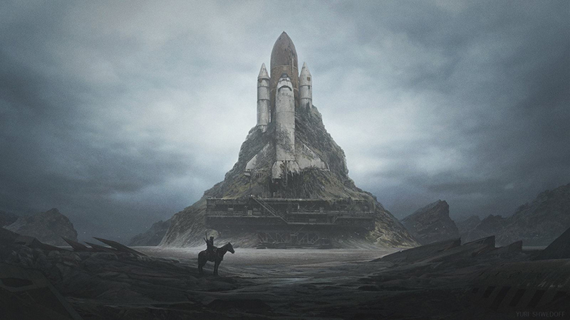 Navette spatiale abandonnée envahie par la roche, cavalier solitaire au premier plan sous ciel gris