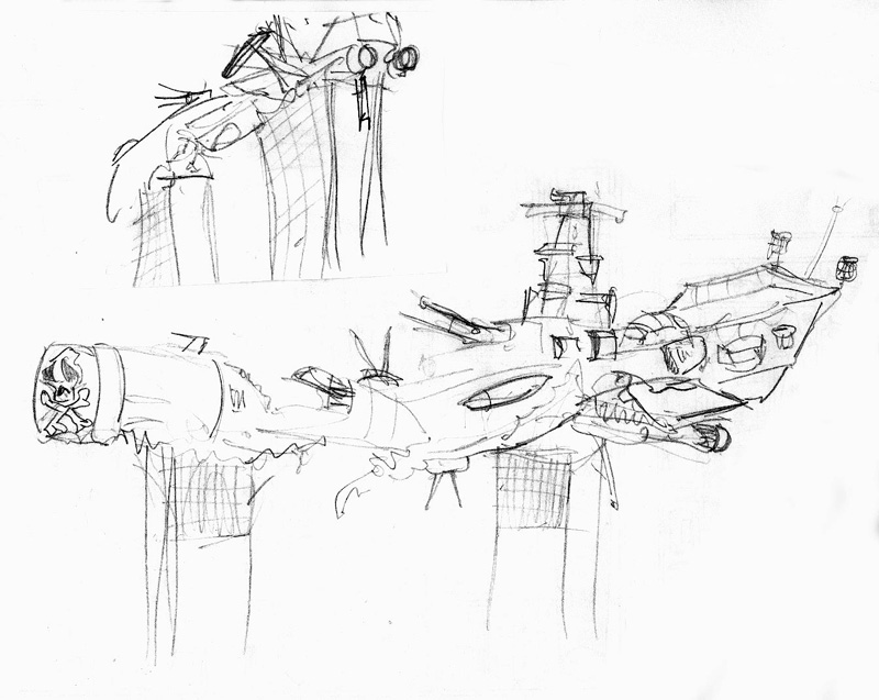 Croquis préparatoire au crayon de l'Arcadia d'Albator échoué, coque éventrée et superstructures