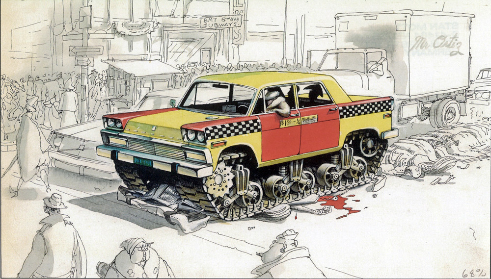 Dessin satirique d'un taxi jaune monté sur chenilles écrasant des passants dans une rue urbaine