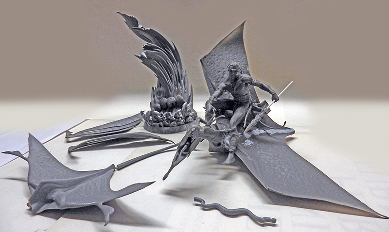 Maquette grise non peinte d'un guerrier Na'vi chevauchant une créature ailée d'Avatar 2
