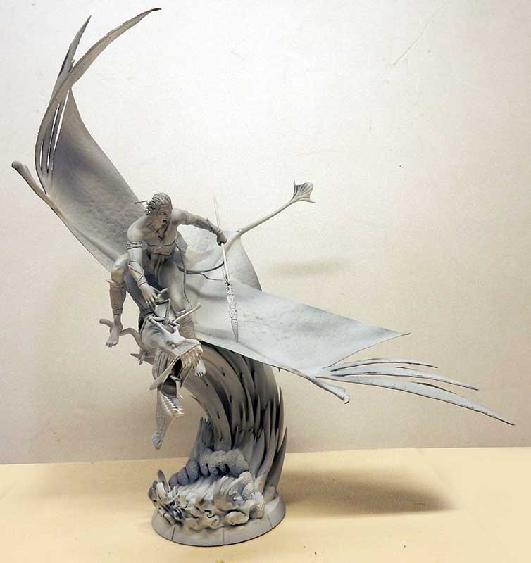 Maquette non peinte d'un Na'vi chevauchant une créature ailée sur socle, thème Avatar 2