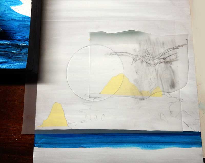 Croquis préparatoire d'un décor Avatar avec créature volante, montagnes jaunes et bandes bleues peintes