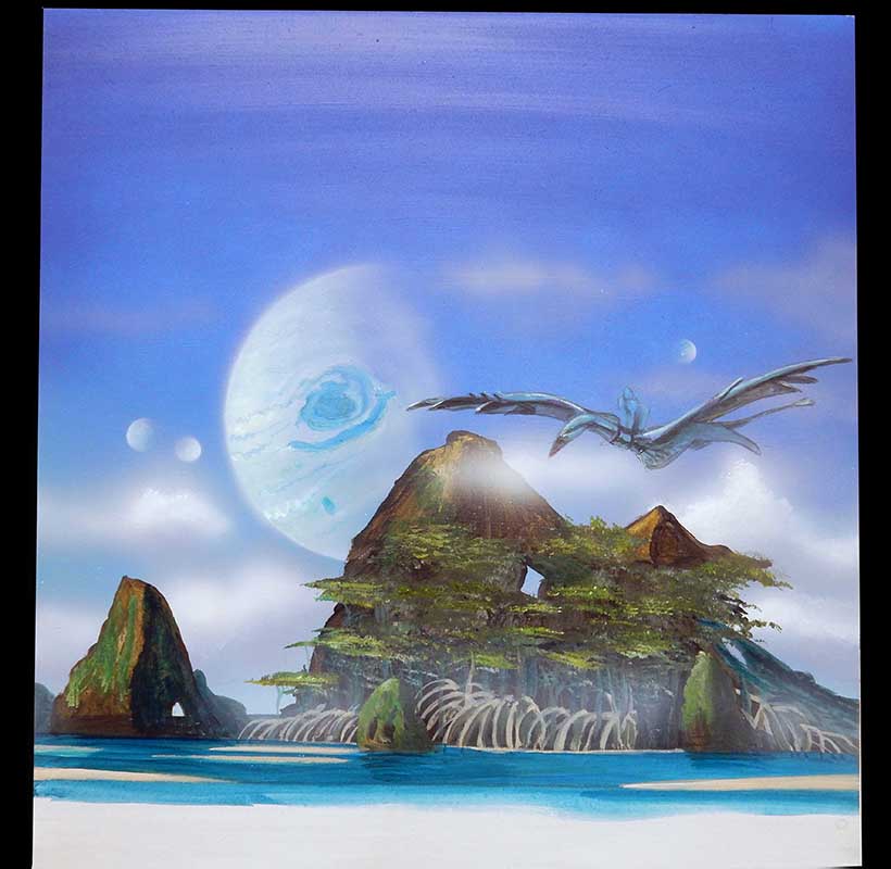 Décor peint d'un paysage Avatar avec créature volante survolant des îles rocheuses et planète géante
