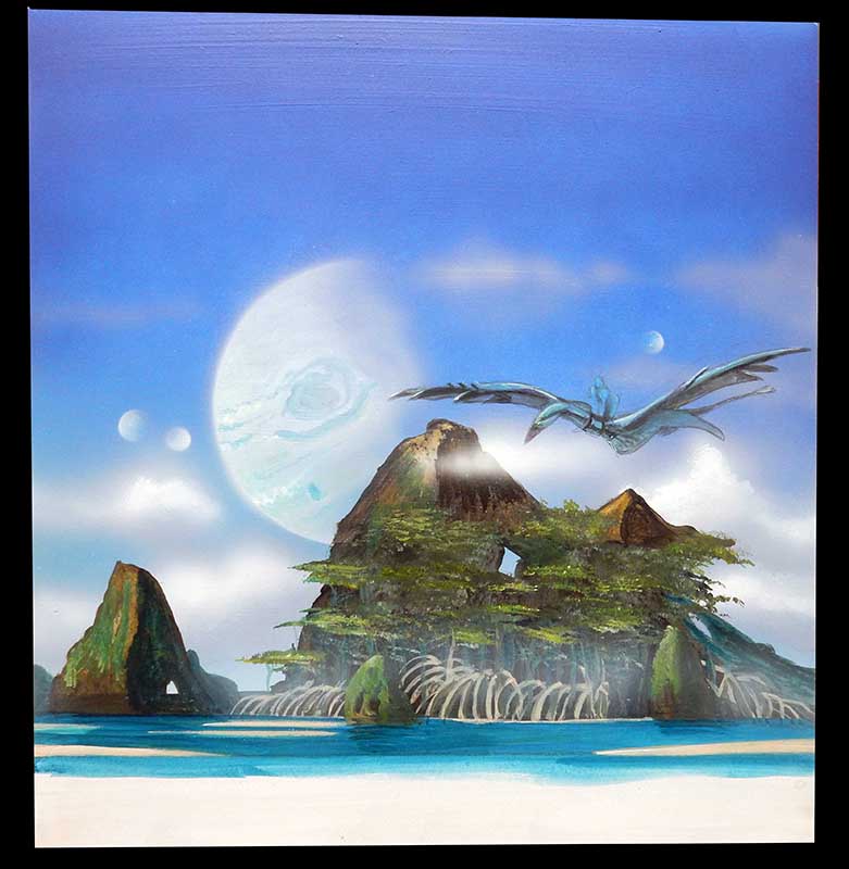 Décor peint style Avatar 2, créature volante bleue survolant des îlots rocheux verdoyants sous une planète géante
