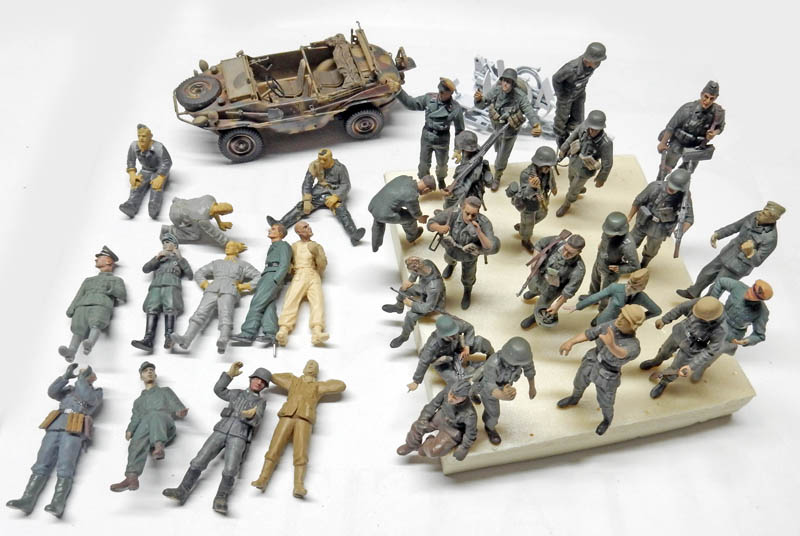 Collection de figurines de soldats allemands peintes et véhicule amphibie Schwimmwagen pour maquette militaire
