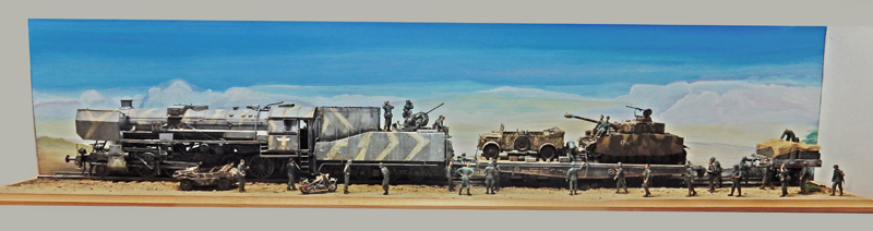 Diorama de la locomotive BR52 avec wagons, char Tigre et figurines de soldats allemands