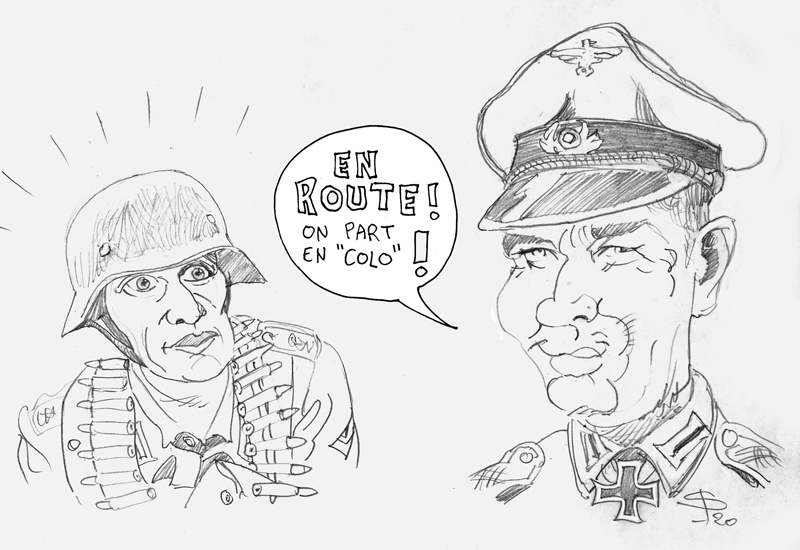 Caricature humoristique de deux soldats allemands avec bulle « En route, on part en colo »