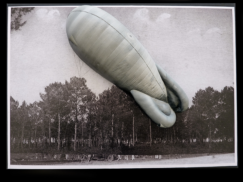 Photographie ancienne d'un ballon d'observation militaire de 1917 flottant au-dessus d'une forêt de pins