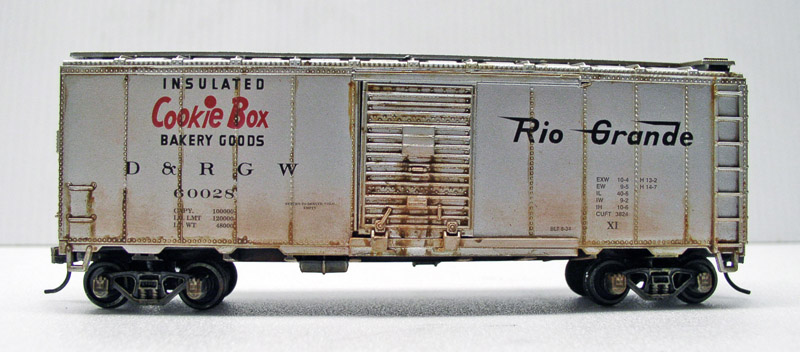Wagon couvert miniature Rio Grande D&RGW Cookie Box gris patiné avec vieillissement et marquages Insulated Bakery Goods