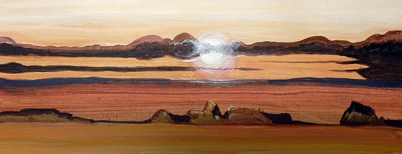 Toile de fond peinte représentant un coucher de soleil sur un paysage désertique aux teintes ocre