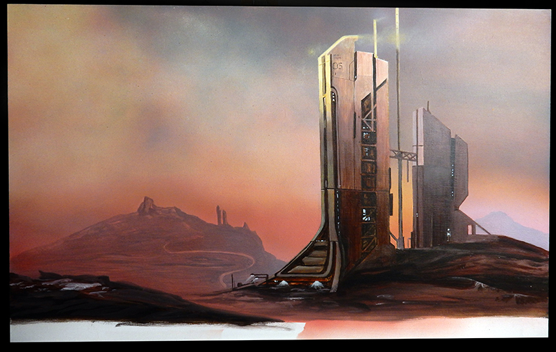 Tour industrielle futuriste sur une planète désertique aux teintes rouges sous un ciel brumeux