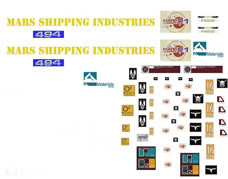 Planche de décalcomanies « Mars Shipping Industries 494 » avec logos et marquages pour maquette spatiale