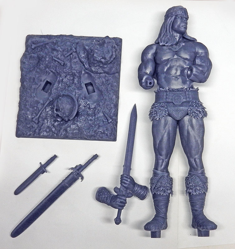 Pièces grises de la maquette Conan le guerrier musclé avec épées et socle rocheux