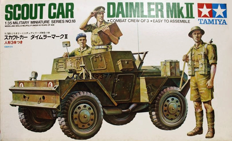 Boîte de maquette Tamiya au 1/35 du Daimler Scout Car Mk II avec trois figurines de soldats