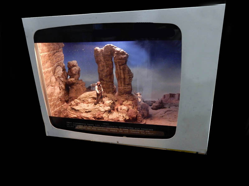 Boîte à diorama vitrée présentant un paysage rocheux désertique avec figurine et fond peint