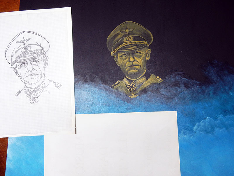 Croquis au crayon et portrait d'officier peint sur le fond de décor en cours