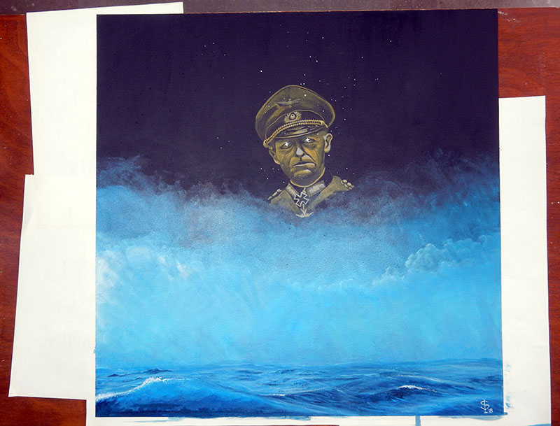 Peinture de fond aérographée montrant un visage d'officier allemand émergeant des nuages au-dessus de la mer