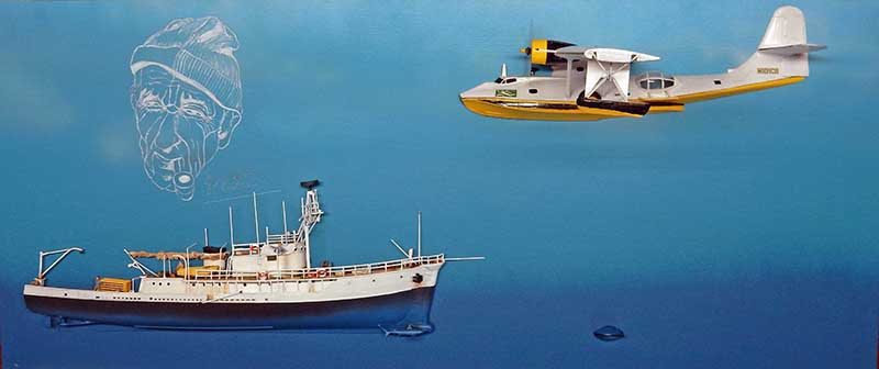 Maquette du navire Calypso et hydravion Catalina sur fond bleu avec portrait du commandant Cousteau