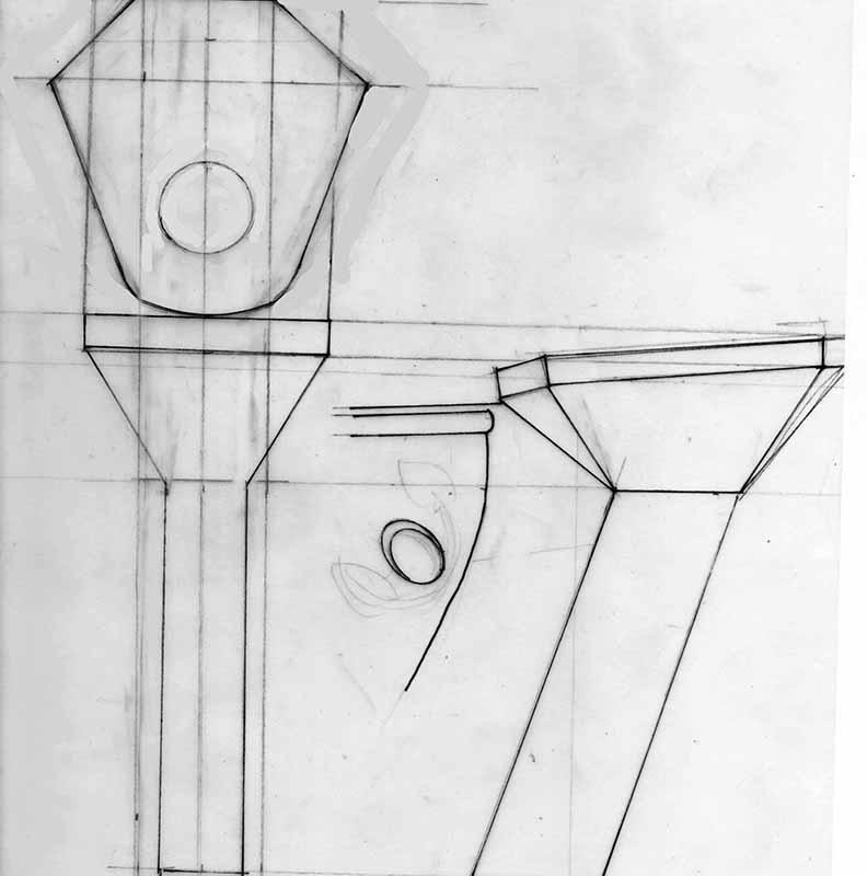 Croquis au crayon de l'étude de la proue avec écubiers pour le diorama Cousteau