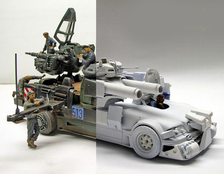 Maquette de véhicule de combat futuriste armé avec figurines de soldats, montrée brute et peinte
