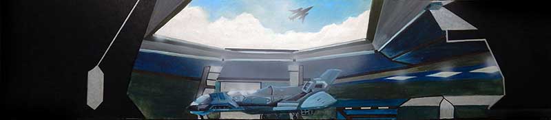 Peinture panoramique d'un vaisseau spatial au hangar sous un ciel nuageux, chasseur en vol
