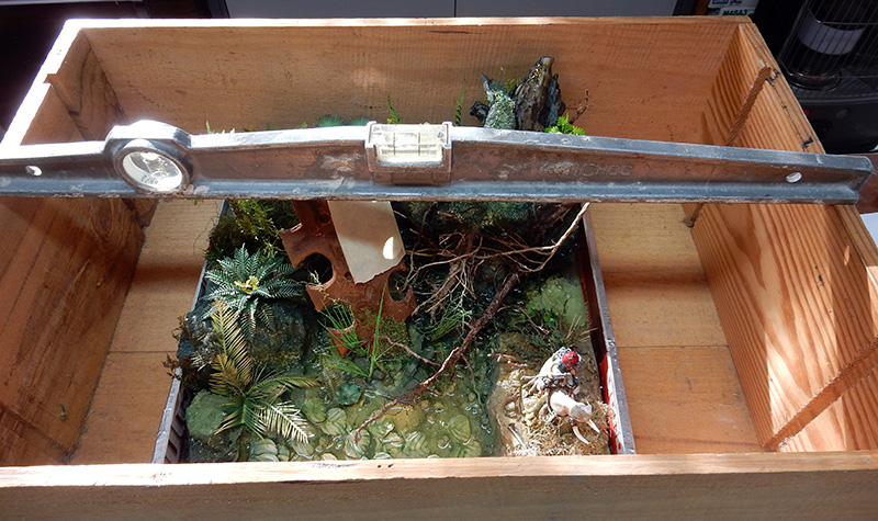 Diorama de maquette en cours dans une caisse en bois avec végétation tropicale et figurine