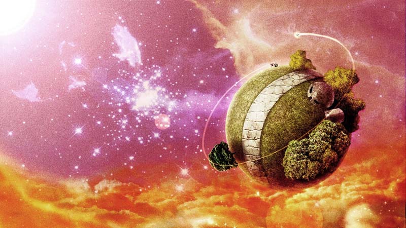 Diorama de la planète sphérique de Maître Kaïo flottant dans un ciel cosmique rose et orangé