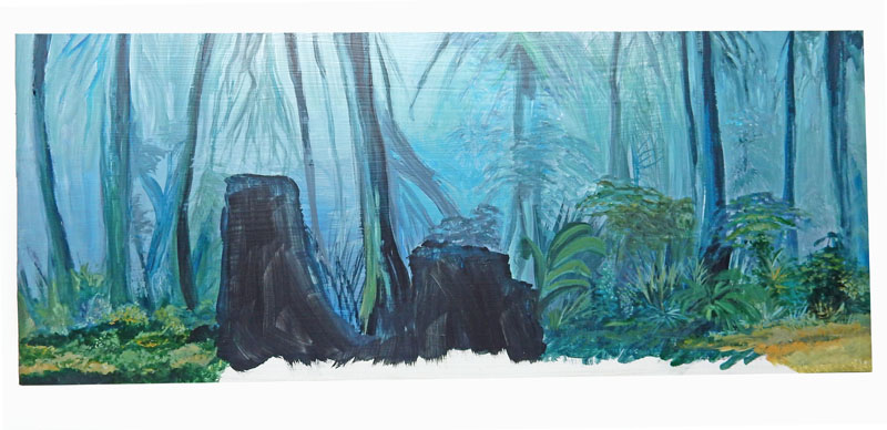 Décor de fond peint représentant une forêt brumeuse bleutée avec souches sombres et végétation verte