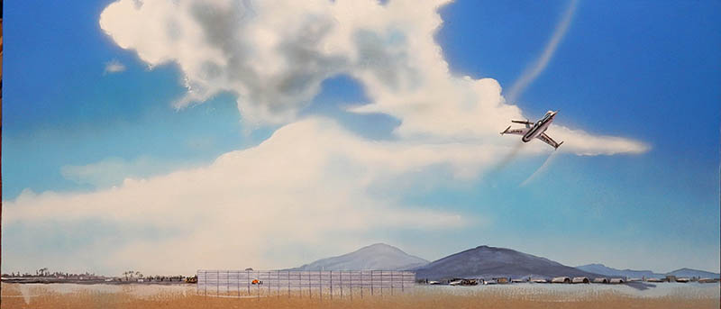 Diorama d'un F-104 en vol au-dessus d'une base vietnamienne, ciel nuageux peint