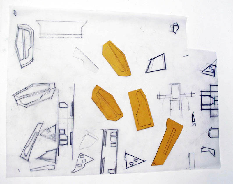 Croquis au crayon des pièces du véhicule avec gabarits découpés en papier orange