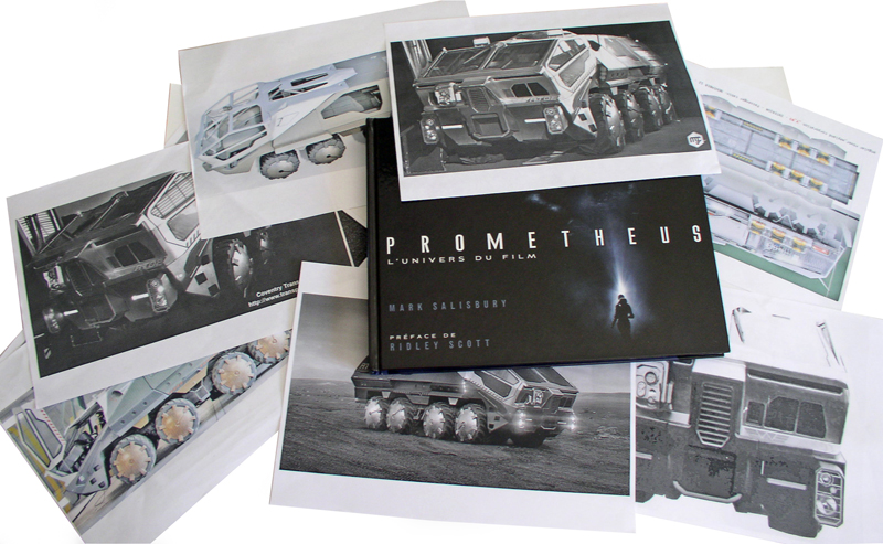 Livre Prometheus L'univers du film entouré de photos de documentation du véhicule Rover six roues