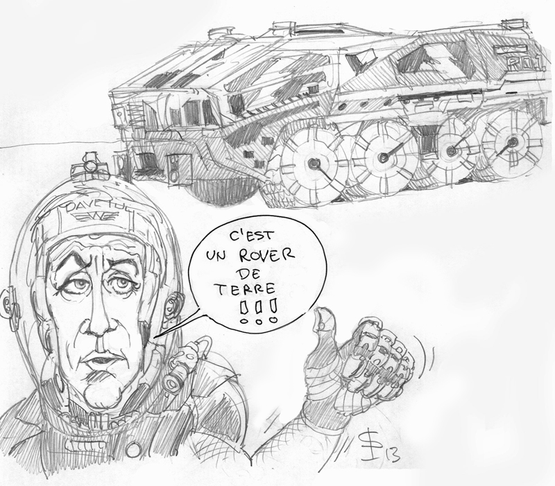 Croquis au crayon d'un astronaute casqué devant le rover blindé à roues Rover 01 Prometheus