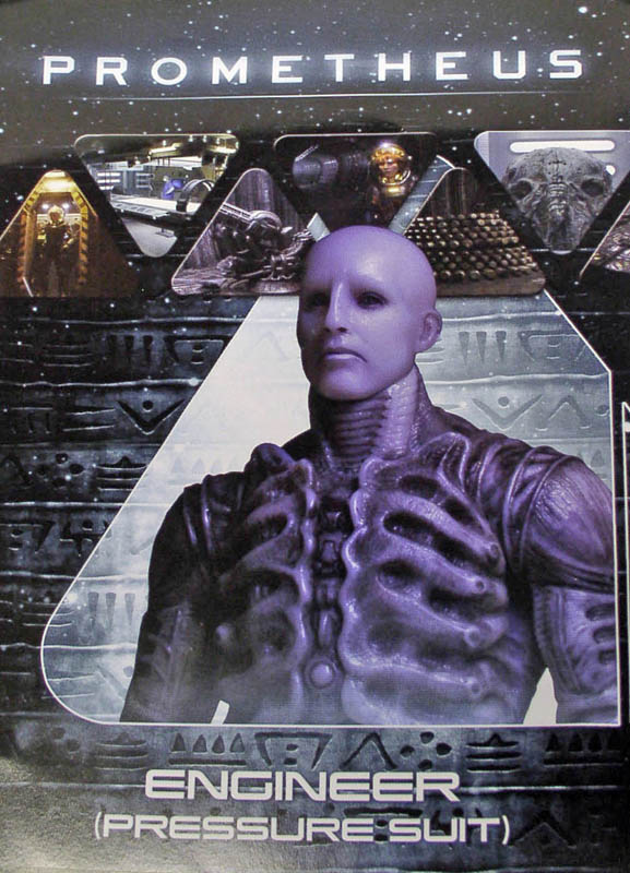 Boîte de la figurine Neca Engineer Prometheus en combinaison pressurisée, illustration violacée et titre Prometheus