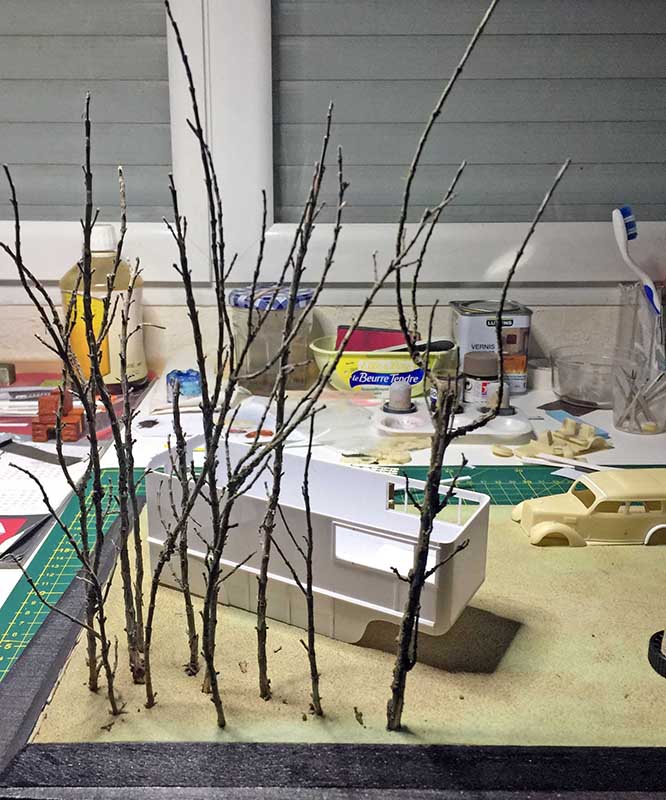 Arbres nus en branchages fixés sur un diorama en construction près d'un bâtiment blanc