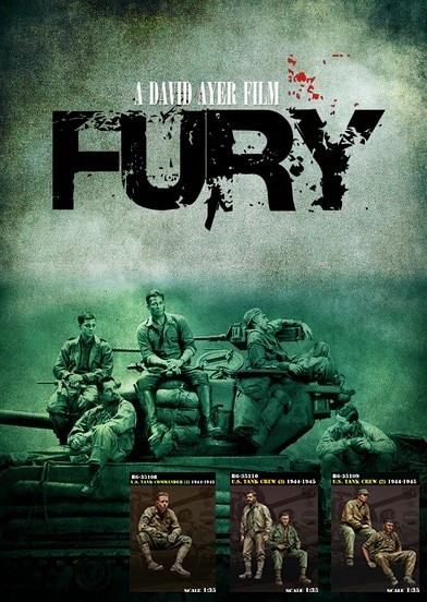Affiche du film Fury avec équipage de char Sherman et figurines de maquettisme à l'échelle 1/35