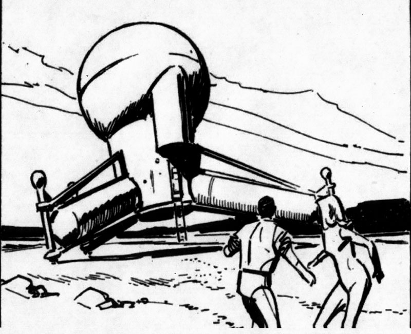 Dessin à l'encre du G.N.U. à coupole sphérique posé au sol, deux personnages s'en approchant